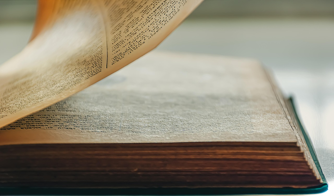 Pages d'un livre ouvert dont une page se soulève, vue rapprochée
